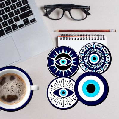 Set of 4 Evil Eye Wooden Coaster for Home, Bar, and Kitchen Decor | Ideal for Dining Tables and Meaningful Gifts